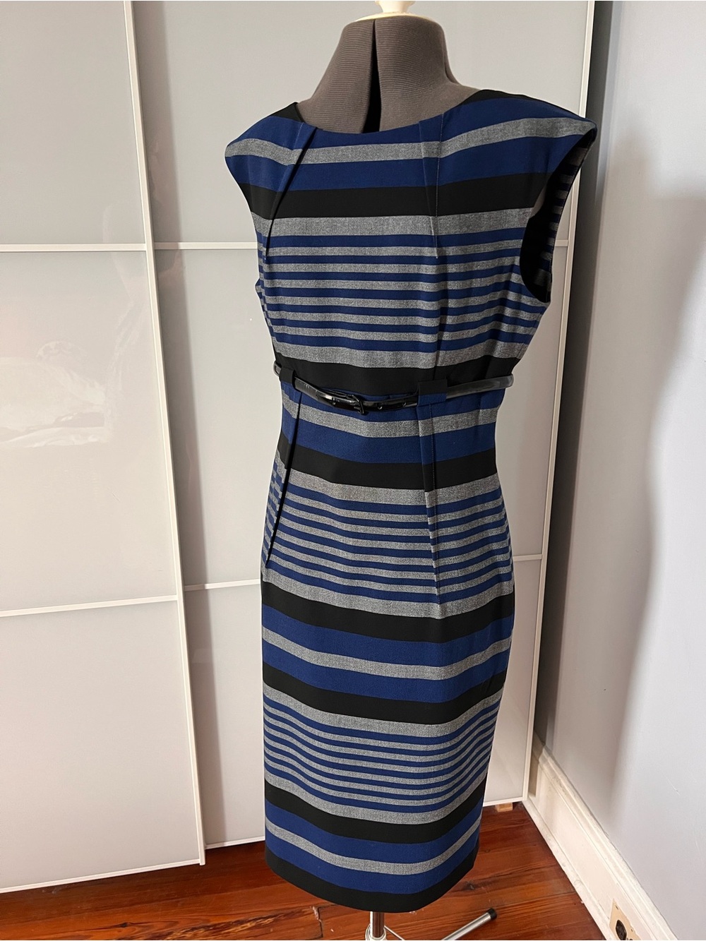 Calvin Klein Blue, Black & Gray Striped Sheath Dress